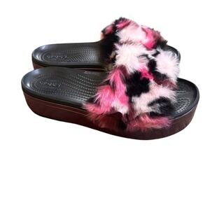 Crocs CB Pink Black Fuzzy Platform So Luxe Slide sandal Summer Women's size 9
